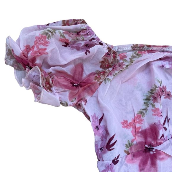 Womens Boho Romper Large L Pink-Floral Off The Shoulder Lined Ruffle Layered - Picture 9 of 13